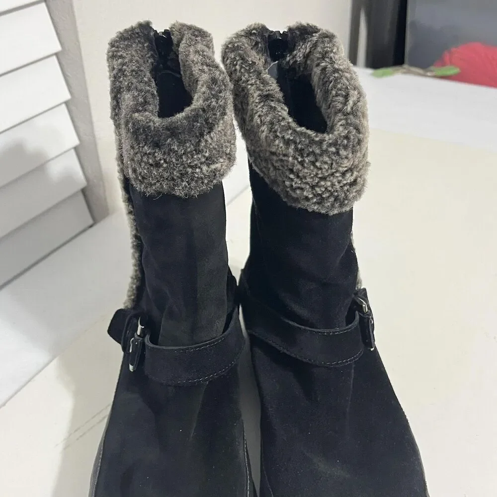 Stuart Weitzman Boots Womens Size 9.5 Black Suede Shearling Lined Zip Winter